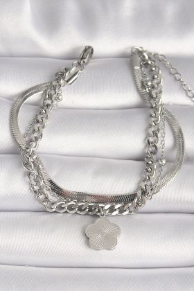 316L Çelik Gümüş Renk 3'Lü İtalyan Zincir Model Sallantı Yonca Figür Kadın Bileklik - TJ-BB6751