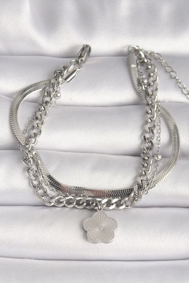 316L Çelik Gümüş Renk 3'Lü İtalyan Zincir Model Sallantı Yonca Figür Kadın Bileklik - TJ-BB6751