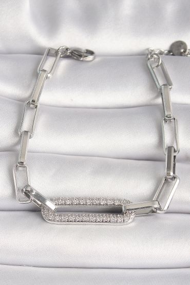 316L Çelik Gümüş Renk Zirkon Taşlı Zincir Kadın Bileklik - TJ-BB6752