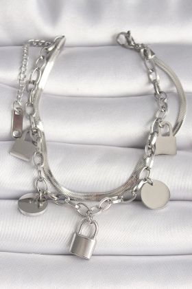 316L Çelik Gümüş Renk 2'Li İtalyan Zincir Kilit Figür Kadın Bileklik - TJ-BB6753