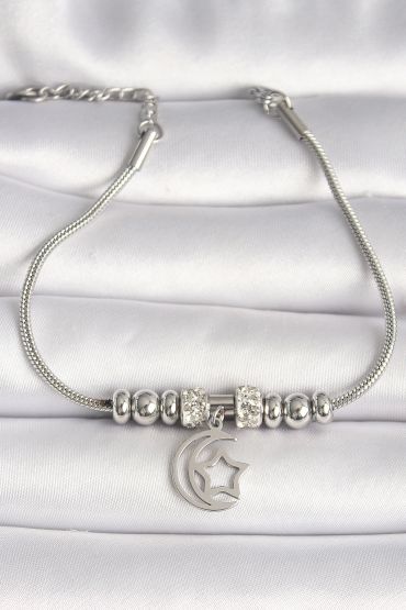 316L Çelik Gümüş Renk Tüp Zincir Zirkon Taş Detaylı Sallantı Ay Yıldız Figür Kadın Bileklik - TJ-BB6754