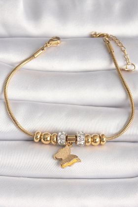 316L Çelik Gold Renk Tüplü Zincir Zirkon Taş Detaylı Sallantı Simli Kelebek Figür Kadın Bileklik - TJ-BB6758