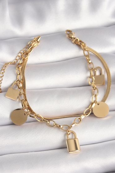 316L Çelik Gold Renk 2'Li İtalyan Zincir Kilit Figür Kadın Bileklik - TJ-BB6760