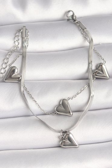 316L Çelik Gümüş Renk 2'Li İtalyan Zincir Model Sallantı Kalp Figür Kadın Bileklik - TJ-BB6761