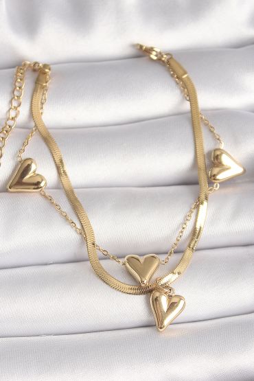 316L Çelik Gold Renk 2'Li İtalyan Zincir Model Sallantı Kalp Figür Kadın Bileklik - TJ-BB6762