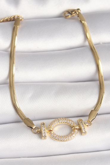 316L Çelik Gold Renk italyan Zincir Model Zirkon Taşlı Halka Figür Kadın Bileklik - TJ-BB6764