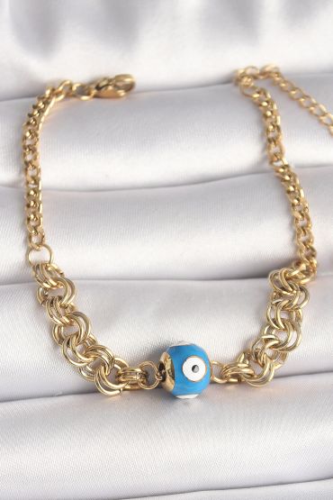 316L Çelik Gold Renk Halka Zincir Model Nazar Boncuk Figür Kadın Bileklik - TJ-BB6765