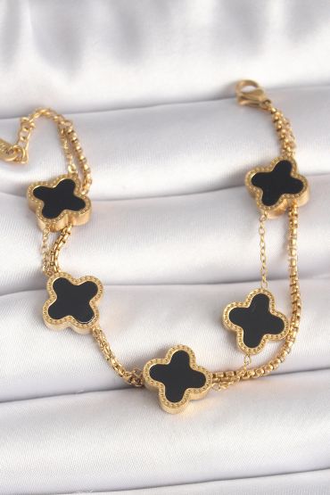 316L Çelik Gold Renk 2'Li Zincir Model Siyah Yonca Figür Kadın Bileklik - TJ-BB6768