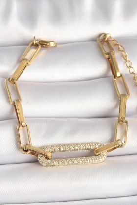 316L Çelik Gold Renk Zirkon Taşlı Kare Zincir Model Kadın Bileklik - TJ-BB6770