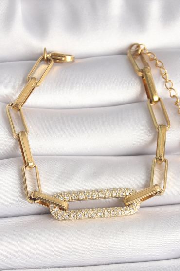 316L Çelik Gold Renk Zirkon Taşlı Kare Zincir Model Kadın Bileklik - TJ-BB6770