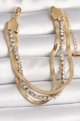 316L Çelik Gold Renk 2'Li İtalyan Zincir Model Zirkon Taşlı Kadın Bileklik - TJ-BB6772