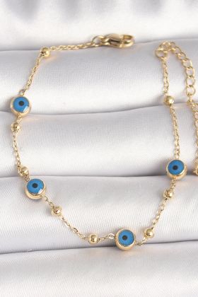 316L Çelik Gold Renk Topçuk Detaylı Zincir Nazar Boncuk Model Kadın Bileklik - TJ-BB6776