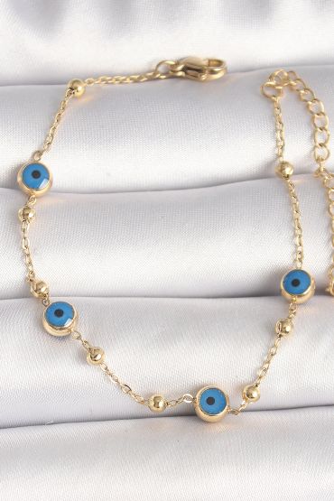 316L Çelik Gold Renk Topçuk Detaylı Zincir Nazar Boncuk Model Kadın Bileklik - TJ-BB6776
