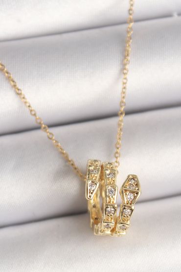 316L Çelik Gold Renk Zirkon Taşlı Yılan Model Kadın Kolye - TJ-BKO9843