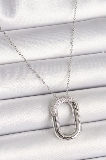 316L Çelik Gümüş Renk Zirkon Taşlı Oval Model Kadın Kolye - TJ-BKO9845