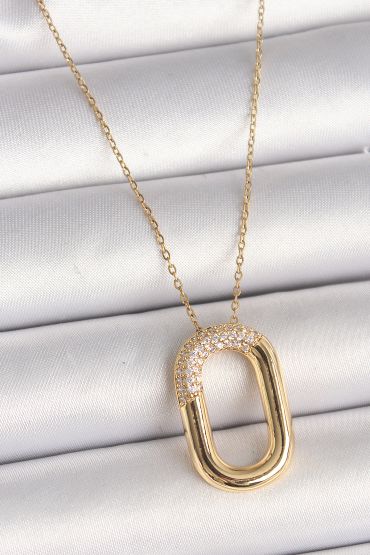 316L Çelik Gold Renk Zirkon Taşlı Oval Model Kadın Kolye - TJ-BKO9846