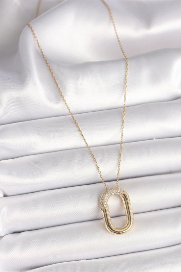 316L Çelik Gold Renk Zirkon Taşlı Oval Model Kadın Kolye - TJ-BKO9846