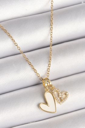 316L Çelik Gold Renk Zincir 2'Li Sallantı Zirkon Taşlı Kalp Model Kadın Kolye - TJ-BKO9859