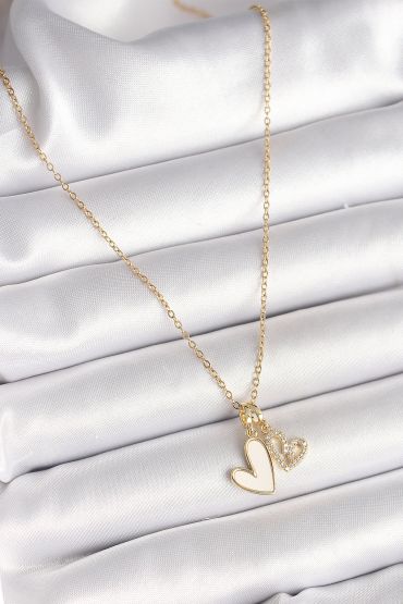 316L Çelik Gold Renk Zincir 2'Li Sallantı Zirkon Taşlı Kalp Model Kadın Kolye - TJ-BKO9859