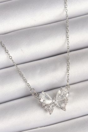 316L Çelik Gümüş Renk Zincir Zirkon Taşlı Fiyonk Model Kadın Kolye - TJ-BKO9862