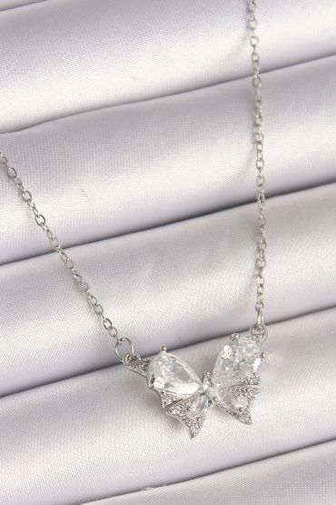 316L Çelik Gümüş Renk Zincir Zirkon Taşlı Fiyonk Model Kadın Kolye - TJ-BKO9862