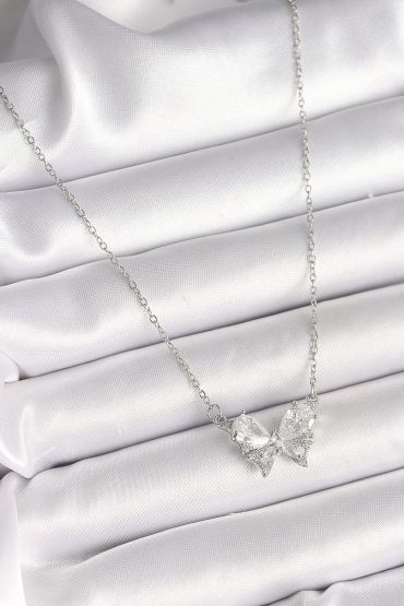 316L Çelik Gümüş Renk Zincir Zirkon Taşlı Fiyonk Model Kadın Kolye - TJ-BKO9862