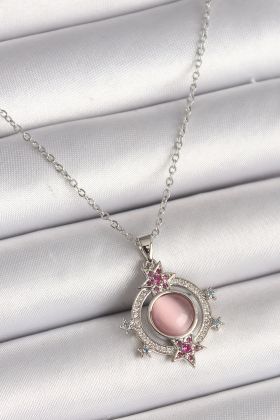 316L Çelik Gümüş Renk Zincir Pembe Sedefli Zirkon Taşlı Yıldız Detay Zirkon Taşlı Kadın Kolye - TJ-BKO9866
