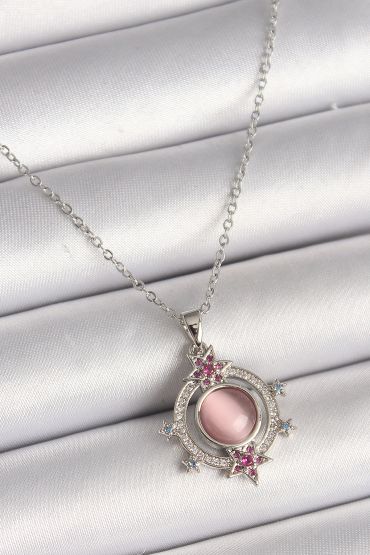316L Çelik Gümüş Renk Zincir Pembe Sedefli Zirkon Taşlı Yıldız Detay Zirkon Taşlı Kadın Kolye - TJ-BKO9866