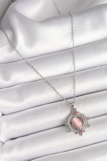 316L Çelik Gümüş Renk Zincir Pembe Sedefli Zirkon Taşlı Yıldız Detay Zirkon Taşlı Kadın Kolye - TJ-BKO9866