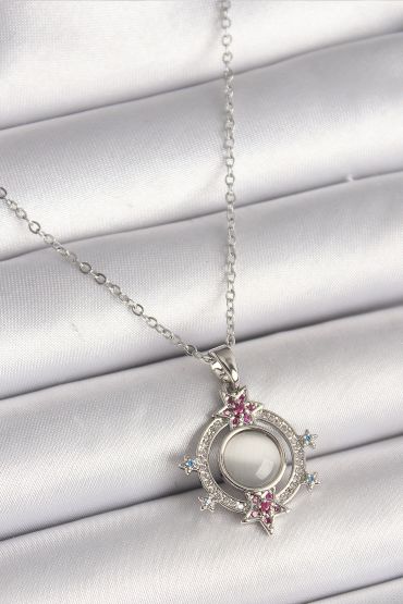 316L Çelik Gümüş Renk Zincir Beyaz Sedefli Zirkon Taşlı Yıldız Detay Kadın Kolye - TJ-BKO9868