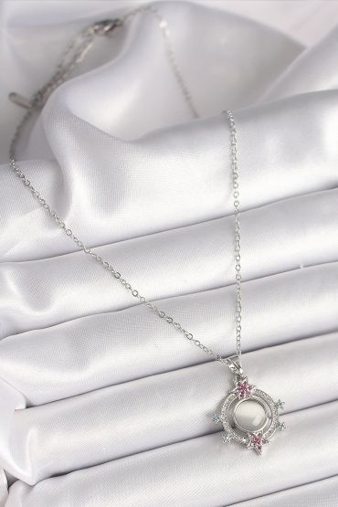 316L Çelik Gümüş Renk Zincir Beyaz Sedefli Zirkon Taşlı Yıldız Detay Kadın Kolye - TJ-BKO9868