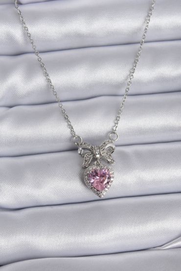 316L Çelik Gümüş Renk Zincir Pembe Kristal Kalp Zirkon Taşlı Kurdele Model Kadın Kolye - TJ-BKO7746