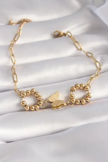 316L Çelik Gold Renk Simli Kelebek Figür Kadın Bileklik - TJ-BB5944
