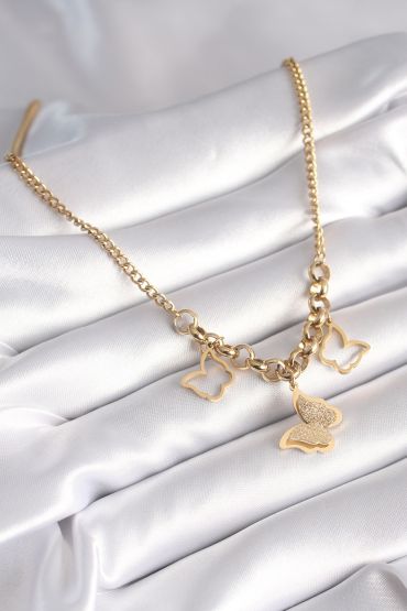 316L Çelik Gold Renk Simli Kelebek Model Kadın Kolye - TJ-BKO8360