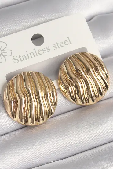 Pirinç Gold Renk İşlemeli Daire Plaka Model Kadın Küpe - TJ-BKP10256