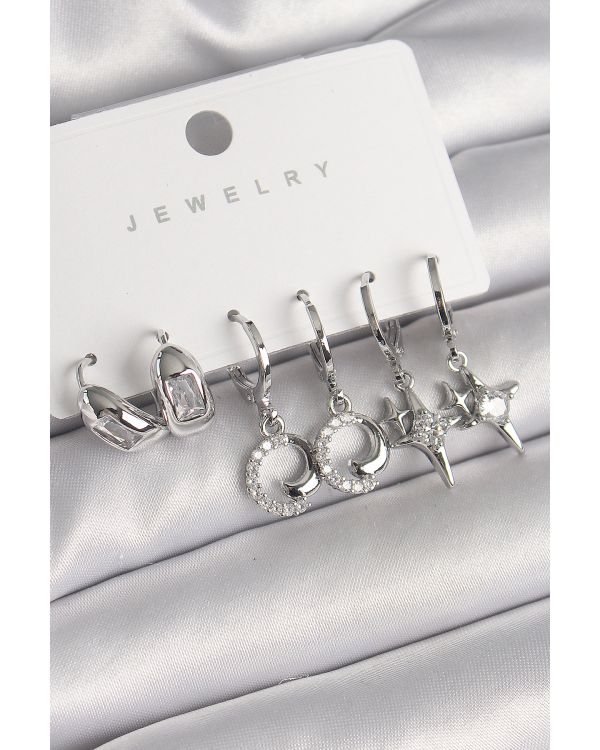 Pirinç Gümüş Renk Sallantı Zirkon Taşlı Yıldız Model Kadın Küpe Seti - TJ-BKP10287