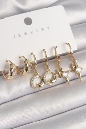 Pirinç Gold Renk Sallantı Zirkon Taşlı Yıldız Model Yıldız Model Kadın Küpe Seti - TJ-BKP10288