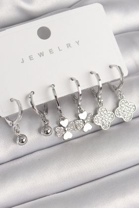 Pirinç Gümüş Renk Sallantı Zirkon Taşlı Yonca Model Topçuk Detay Kadın Küpe Seti - TJ-BKP10293