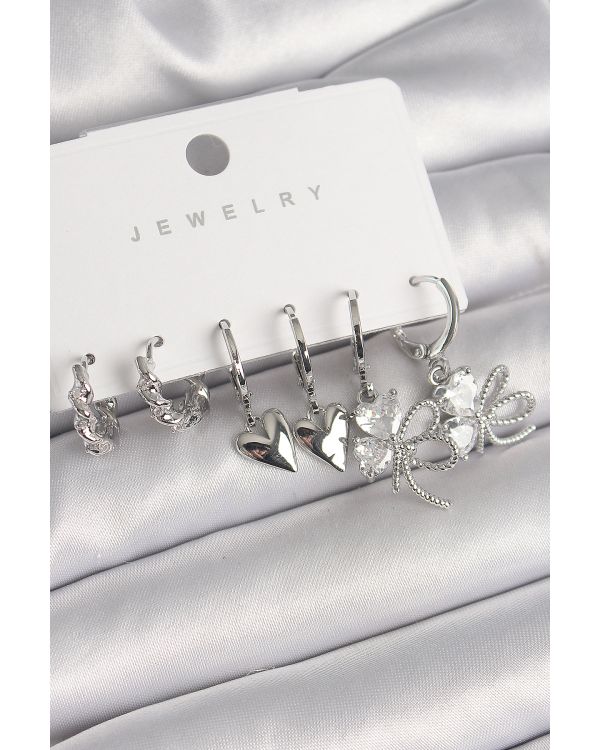 Pirinç Gümüş Renk Sallantı Zirkon Taşlı Düğüm Yonca Model Kalp Detay Kadın Küpe Seti - TJ-BKP10297