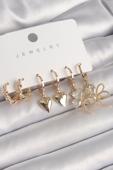 Pirinç Gold Renk Sallantı Zirkon Taşlı Düğüm Yonca Model Kalp Detay Kadın Küpe Seti - TJ-BKP10298