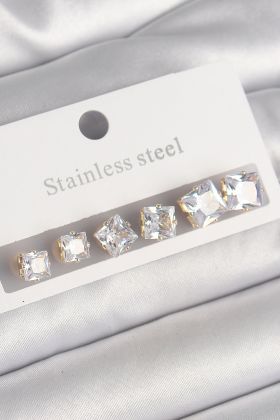 316L Çelik Gold Renk Kare Zirkon Taş Model Kadın Küpe Seti - TJ-BKP10304
