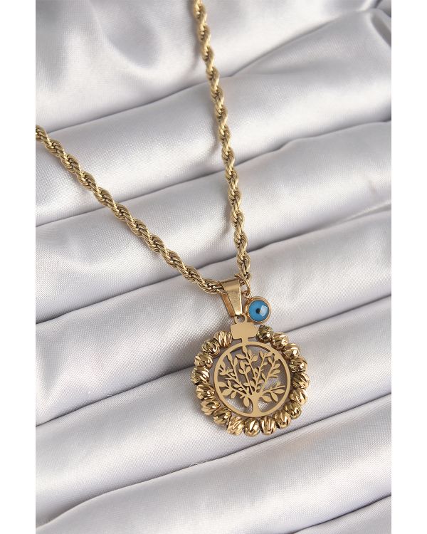 316L Çelik Gold Renk Burgu Zincir Dorika Yaşam Ağacı Figür Nazar Boncuk Detay Kadın Kolye - TJ-BKO9874