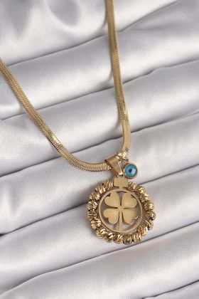 316L Çelik Gold Renk İtalyan Zincir Dorika Yonca Model Nazar Boncuk Detay Kadın Kolye - TJ-BKO9875