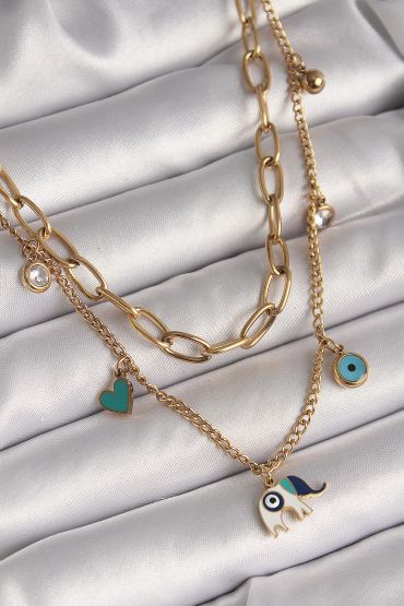 316L Çelik Gold Renk 2'Li Zincir Model Fil Figür Zirkon Taş Detay Nazar Boncuk Detay Kadın Kolye - TJ-BKO9877