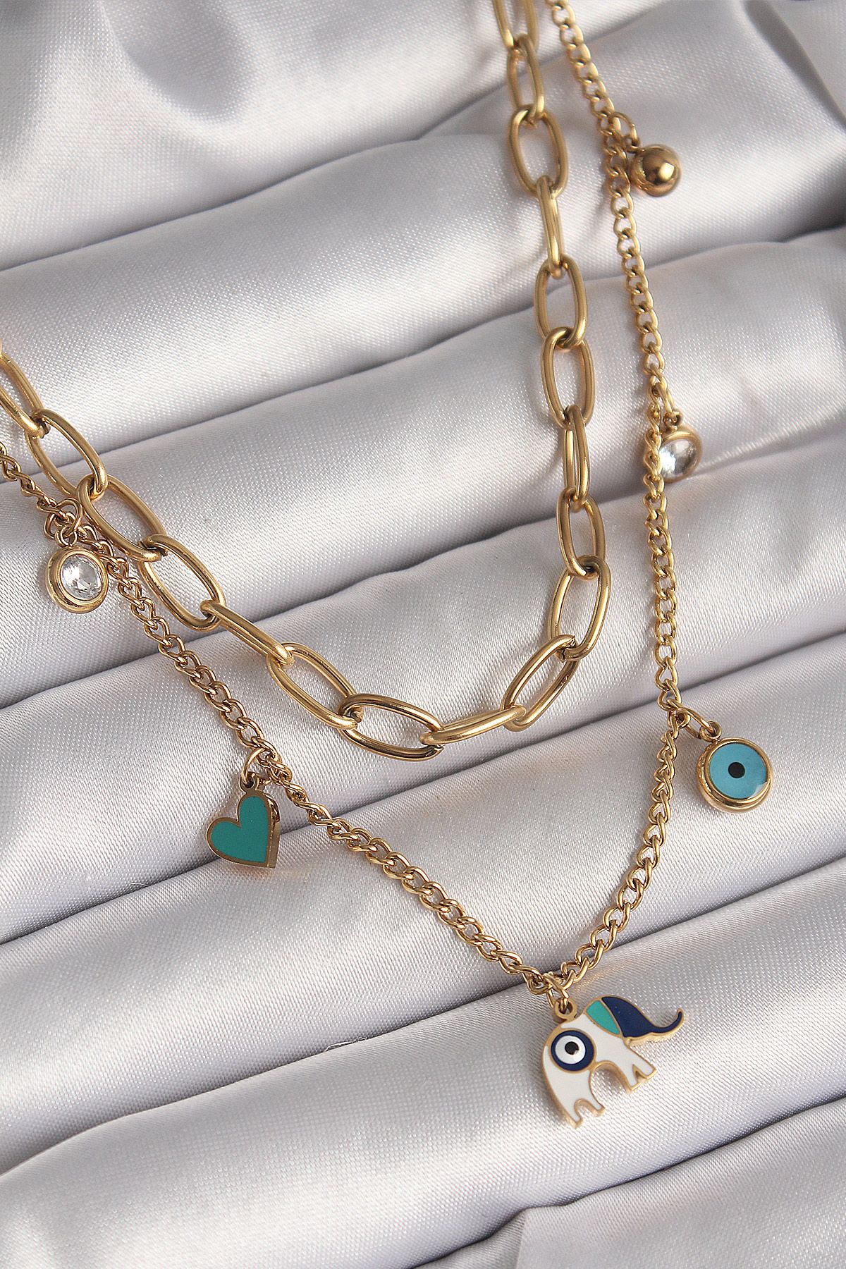 316L Çelik Gold Renk 2'Li Zincir Model Fil Figür Zirkon Taş Detay Nazar Boncuk Detay Kadın Kolye - TJ-BKO9877