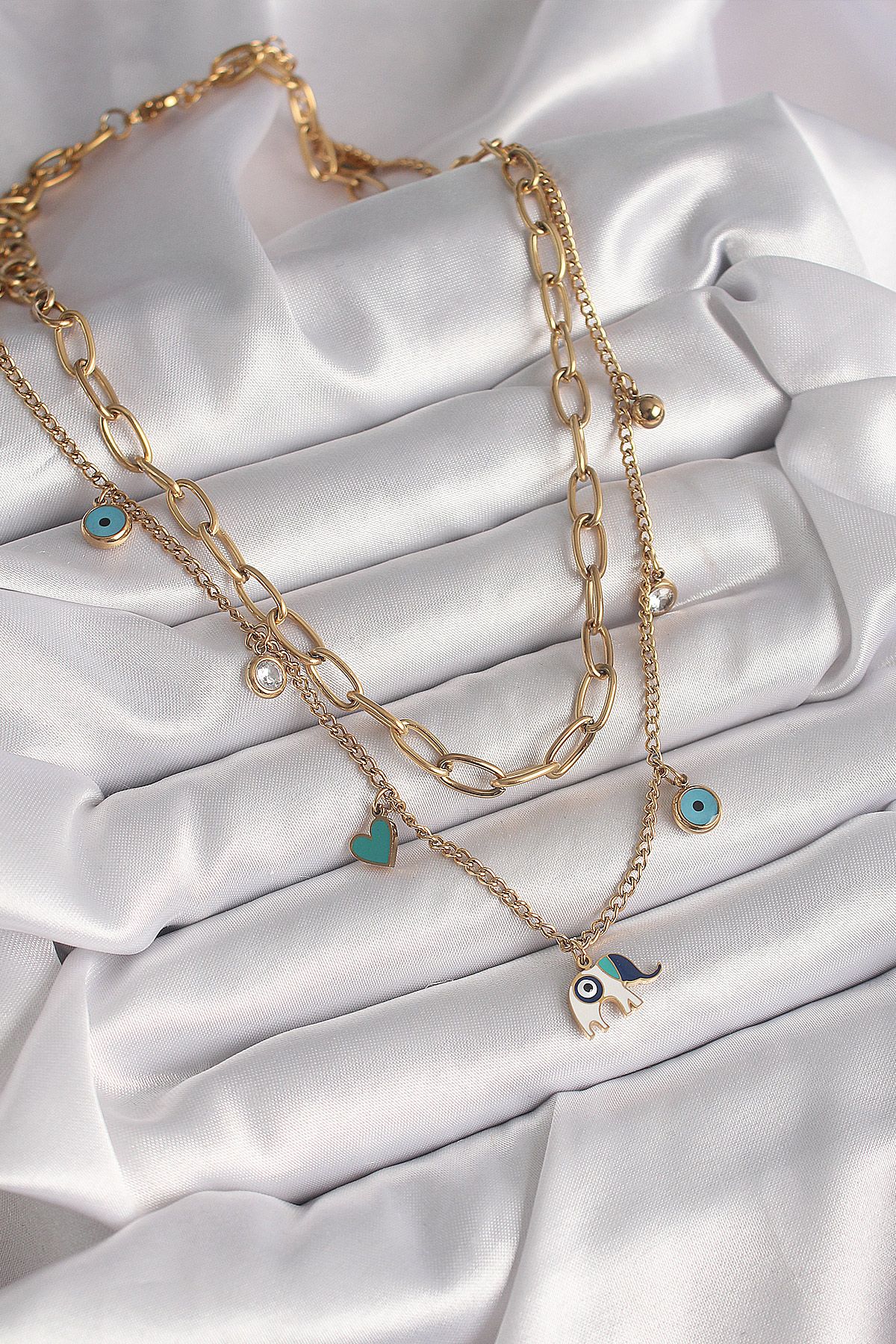 316L Çelik Gold Renk 2'Li Zincir Model Fil Figür Zirkon Taş Detay Nazar Boncuk Detay Kadın Kolye - TJ-BKO9877