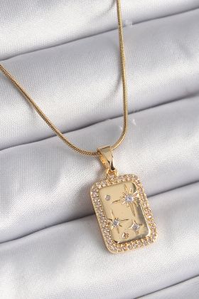 316L Çelik Gold Renk Zirkon Taşlı Yıldız İşleme Madalyon Kadın Kolye - TJ-BKO9520