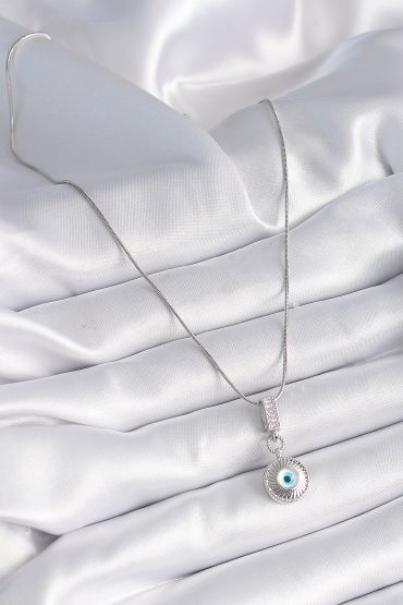 316L Çelik Gümüş Renk Zirkon Taşlı Nazar Boncuk Model Kadın Kolye - TJ-BKO9523