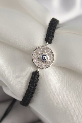 Pirinç Gümüş Renk Zirkon Taşlı Nazar Boncuk İşleme Makrome Asansörlü Model Kadın Bileklik - TJ-BB6787