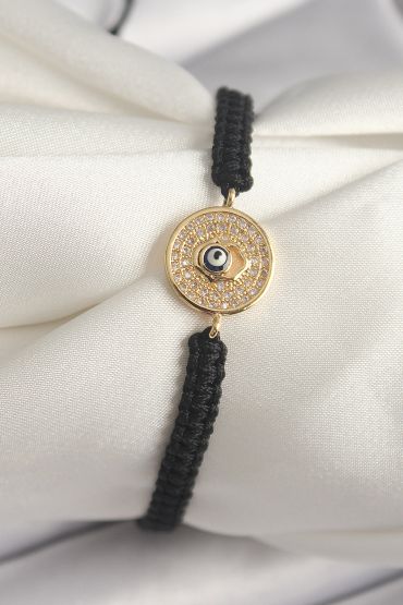 Pirinç Gold Renk Zirkon Taşlı Nazar Boncuk İşleme Makrome Asansörlü Model Kadın Bileklik - TJ-BB6789